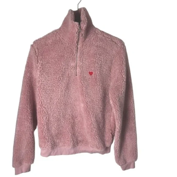 Women’s TopShop Pink Borg Heart Quarter Zip Fleeve Pullover Sweater Size 6 US! - Picture 2 of 5